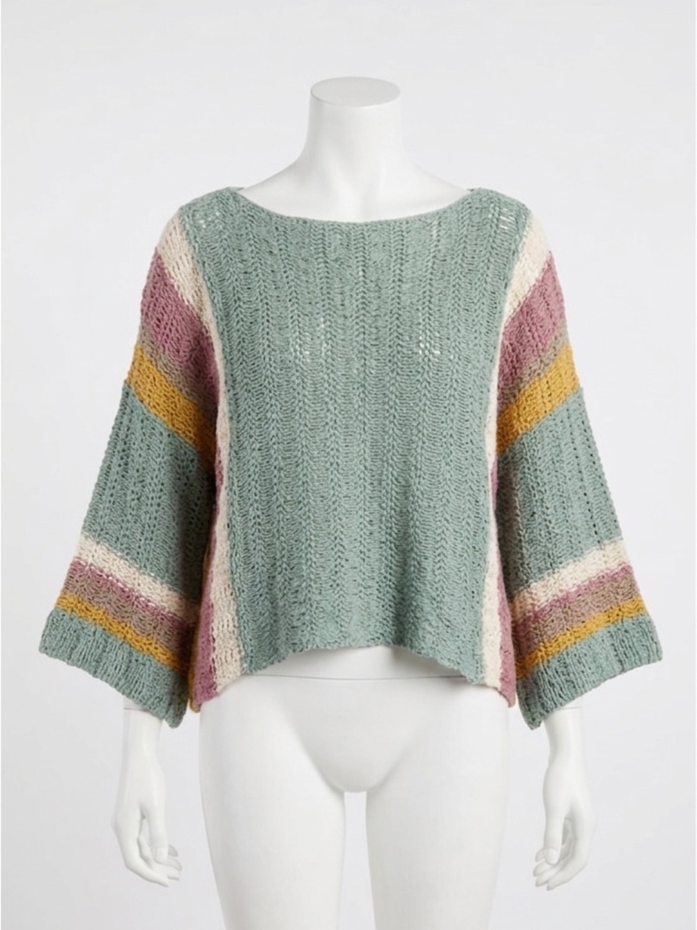 By Together Relaxed Boxy Open Knit Sweater Sage Green Striped Boho Bell Sleeve